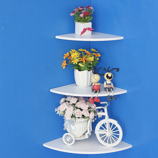 3-Tier Wall Corner Shelf – Creative White Wood-Plastic Wall Rack for Bedroom, Living Room, Kitchen & Bathroom (19×19cm, 21×21cm, 26×26cm)