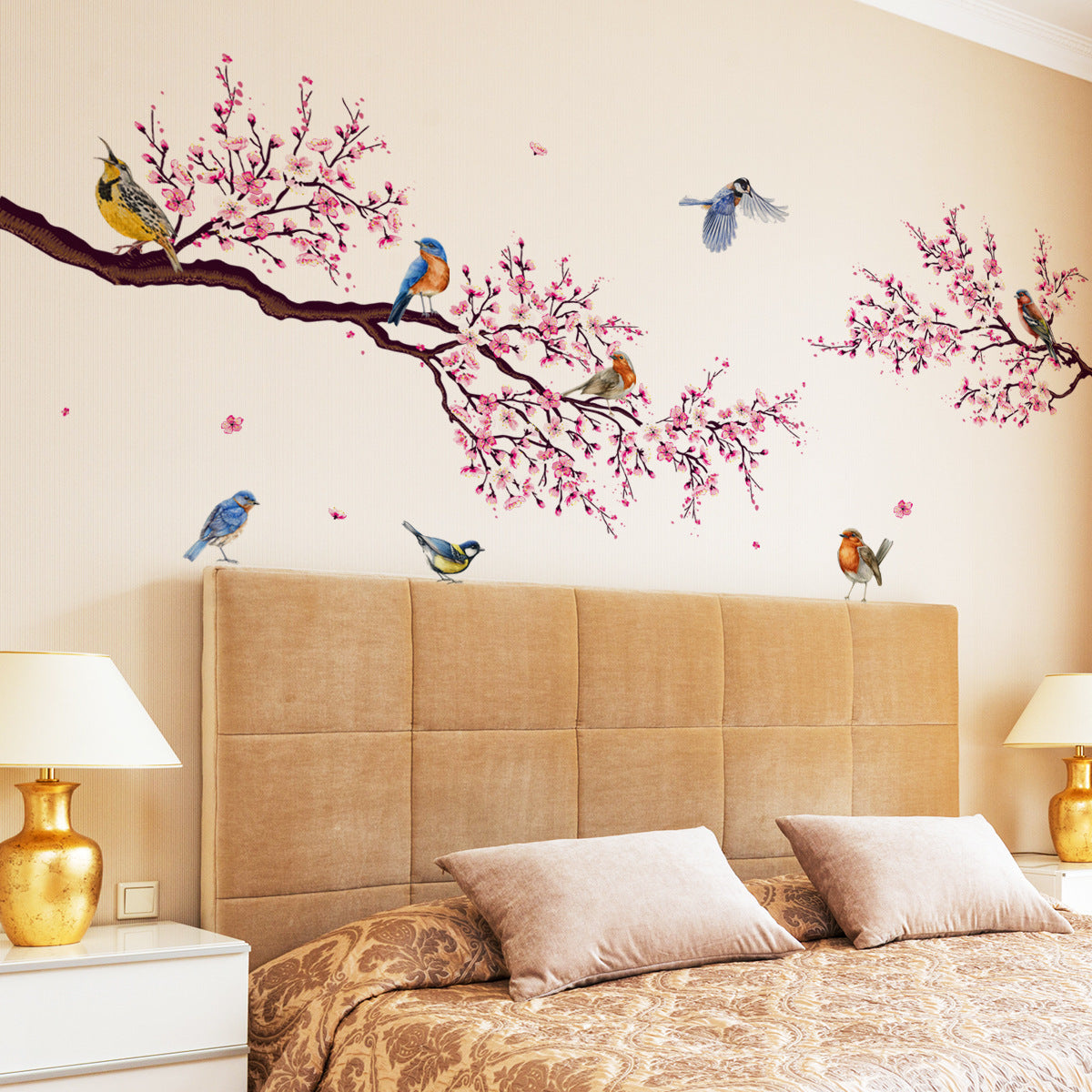 Peach Blossom Branch Bird Wall Sticker β 60Γ30 cm β Waterproof & Removable PVC Wall Art for Kitchen, Dining & Living Spaces