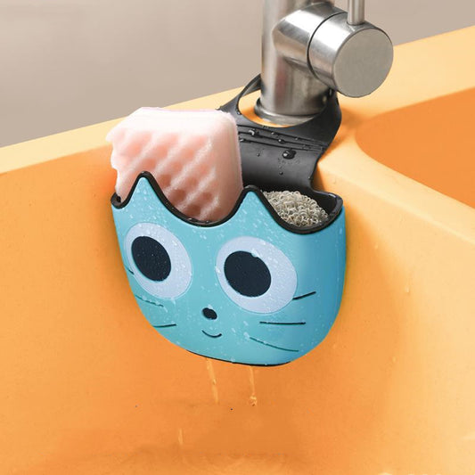 Hanging Sink Drain Shelf Basket – Cute Cat-Face Design, 1-Layer TPR/PP Hanging Bag (Pink / Blue / Green)