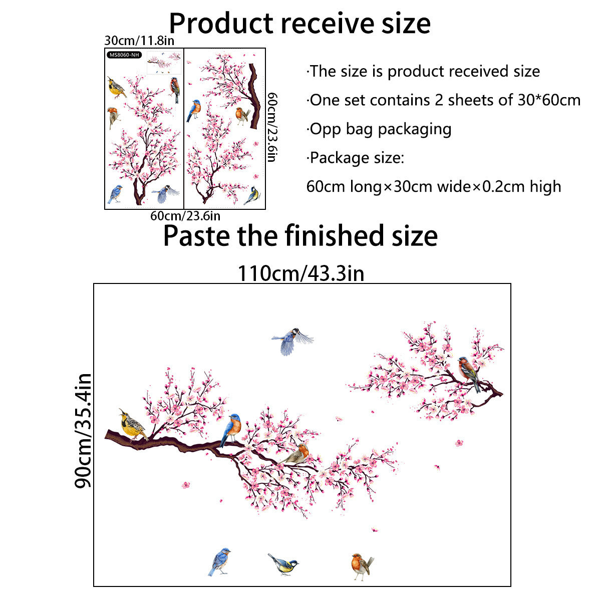 Peach Blossom Branch Bird Wall Sticker β 60Γ30 cm β Waterproof & Removable PVC Wall Art for Kitchen, Dining & Living Spaces