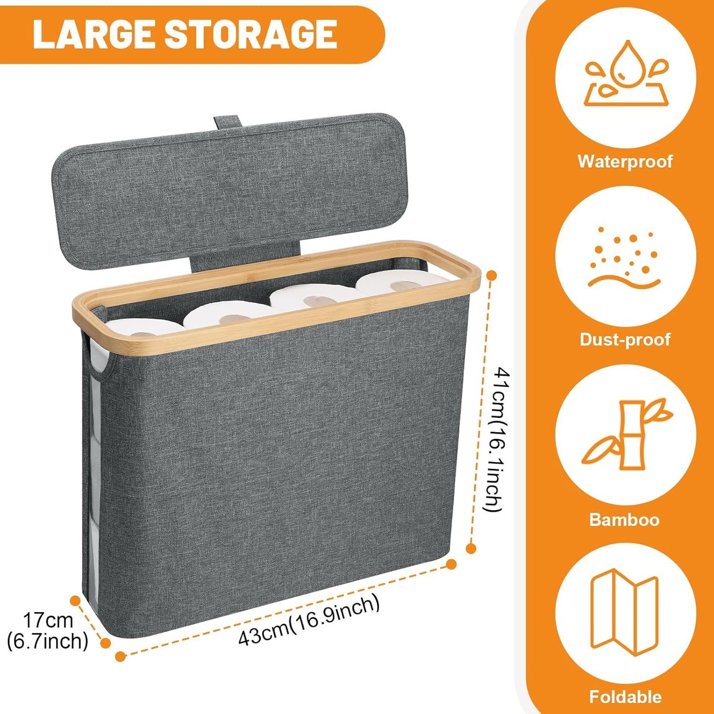Toilet Paper Storage Basket with Lid – Bamboo & Waterproof Fabric Holder for Bathroom, RV & Small Spaces (Fits 9–12 Rolls)