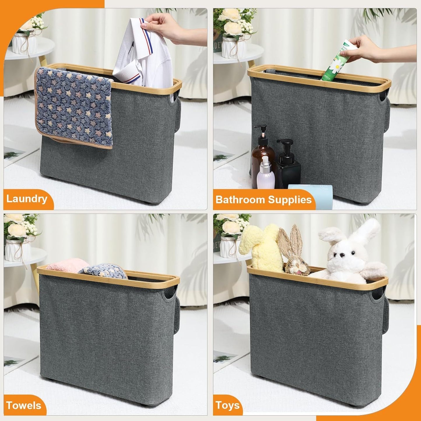 Toilet Paper Storage Basket with Lid – Bamboo & Waterproof Fabric Holder for Bathroom, RV & Small Spaces (Fits 9–12 Rolls)