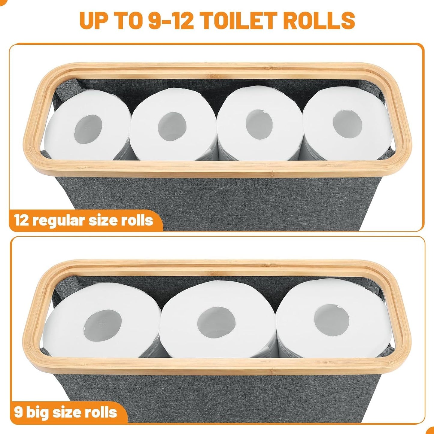 Toilet Paper Storage Basket with Lid – Bamboo & Waterproof Fabric Holder for Bathroom, RV & Small Spaces (Fits 9–12 Rolls)