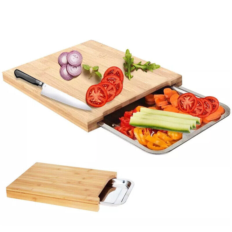 Bamboo Wooden Chopping Board with Sliding Stainless Steel Tray – Kitchen Prep & Slicing Station