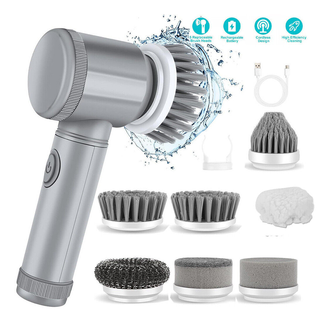 Rechargeable Cordless Electric Spin Scrubber – 7 Brush Heads Turbo Cleaning Brush for Bathroom, Kitchen & More
