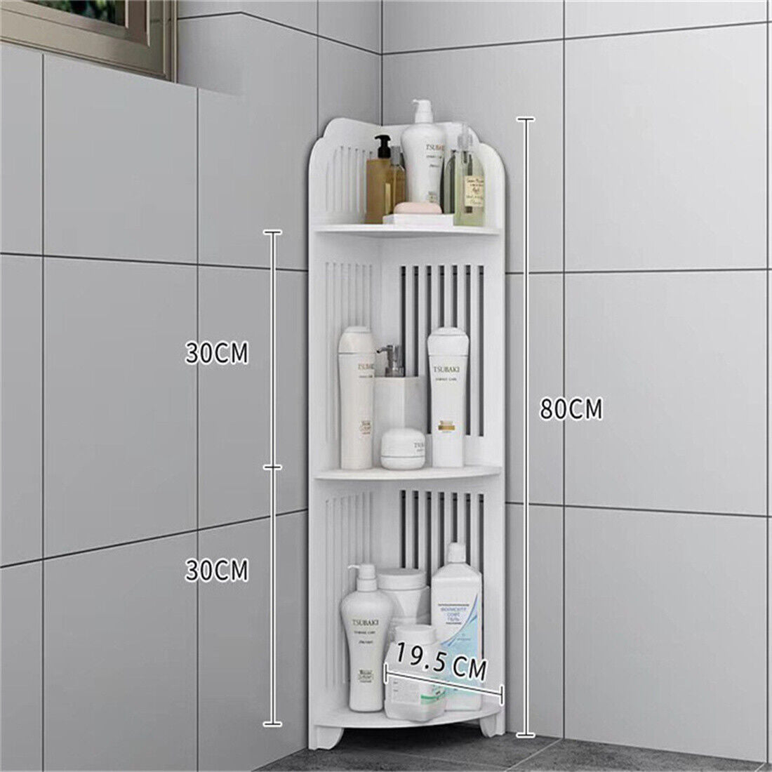 3-Tier Wall Corner Shelf – White Waterproof Wood-Plastic Rack for Bathroom, Kitchen & Living Room (21×21×80cm)