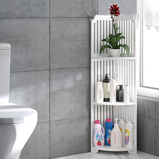 3-Tier Wall Corner Shelf – White Waterproof Wood-Plastic Rack for Bathroom, Kitchen & Living Room (21×21×80cm)