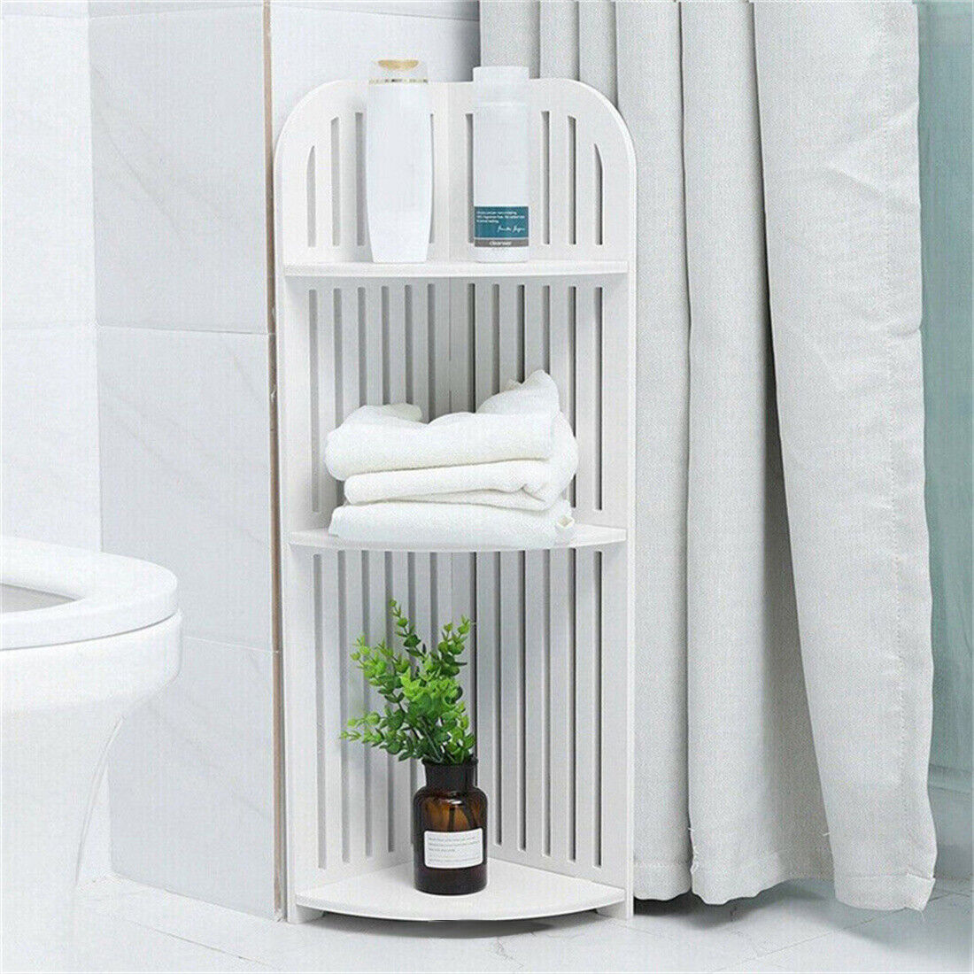 3-Tier Wall Corner Shelf – White Waterproof Wood-Plastic Rack for Bathroom, Kitchen & Living Room (21×21×80cm)