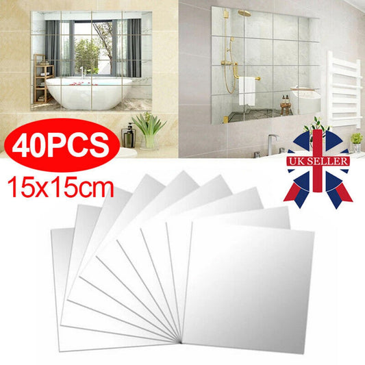 40-Piece Self-Adhesive Mirror Wall Stickers – Square Acrylic Glass Tiles for Home Decoration (15×15cm, Silver)