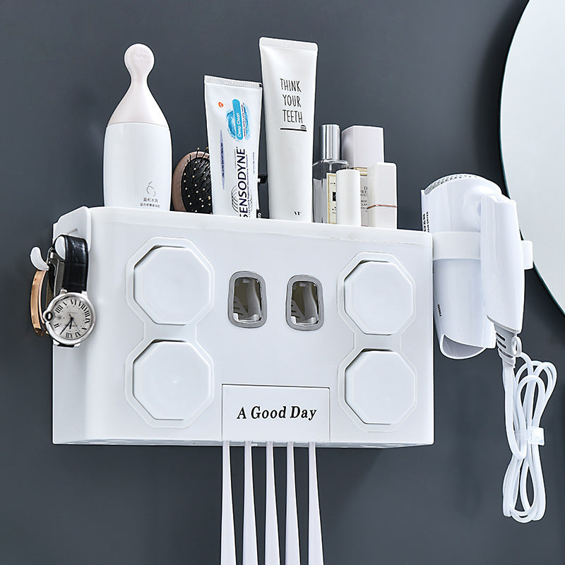 Wall-Mounted Toothbrush Holder with Toothpaste Dispenser – Punch-Free Bathroom Storage Rack (2/4 Cups, Blue / White / Grey)