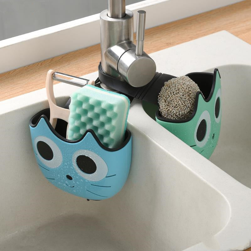 Hanging Sink Drain Shelf Basket – Cute Cat-Face Design, 1-Layer TPR/PP Hanging Bag (Pink / Blue / Green)