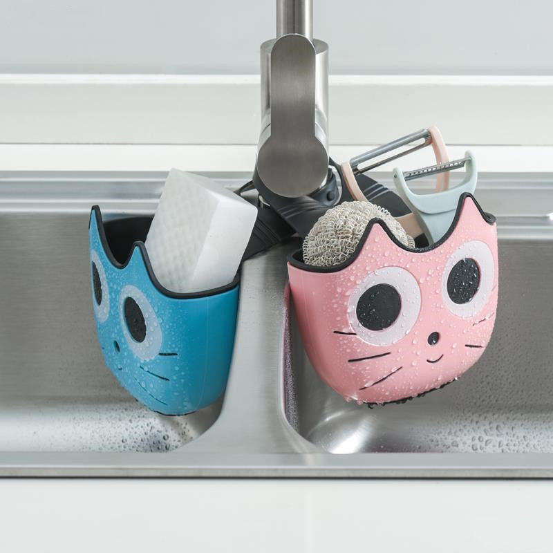 Hanging Sink Drain Shelf Basket – Cute Cat-Face Design, 1-Layer TPR/PP Hanging Bag (Pink / Blue / Green)