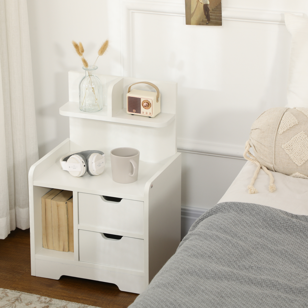 Sleek HOMCOM Modern Bedside Table with Unique Shelves & Dual Drawers for Storage