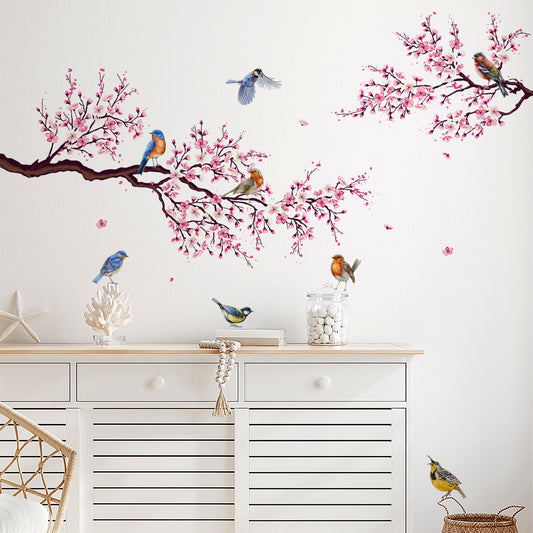 Peach Blossom Branch Bird Wall Sticker – 60×30 cm – Waterproof & Removable PVC Wall Art for Kitchen, Dining & Living Spaces