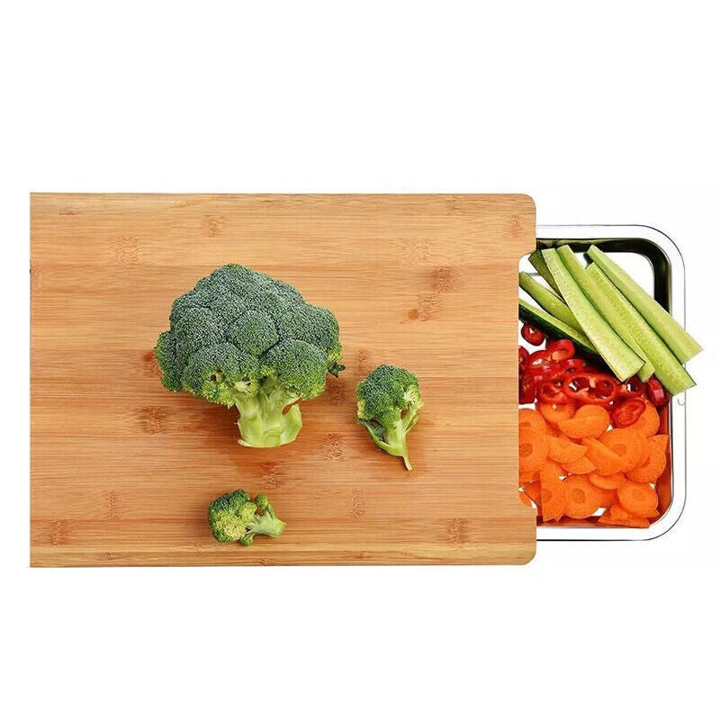 Bamboo Wooden Chopping Board with Sliding Stainless Steel Tray – Kitchen Prep & Slicing Station