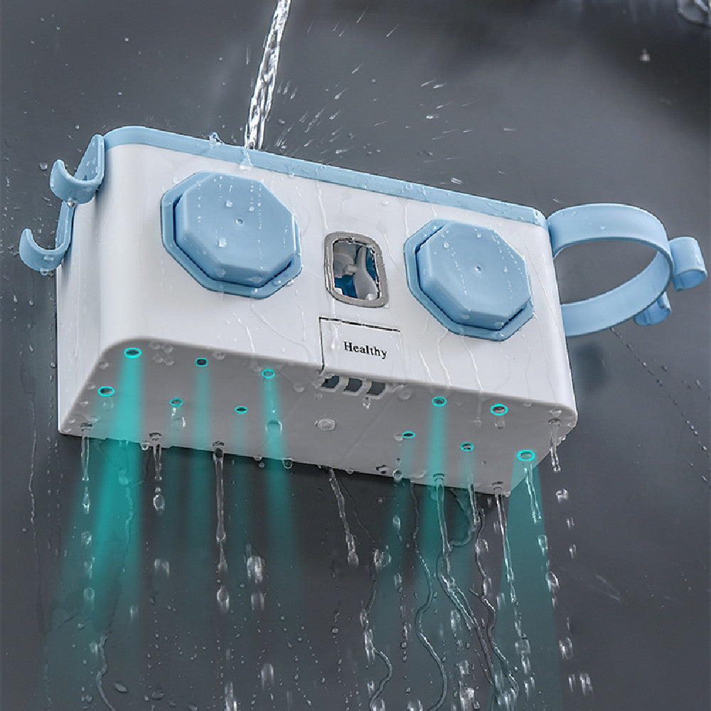 Wall-Mounted Toothbrush Holder with Toothpaste Dispenser – Punch-Free Bathroom Storage Rack (2/4 Cups, Blue / White / Grey)