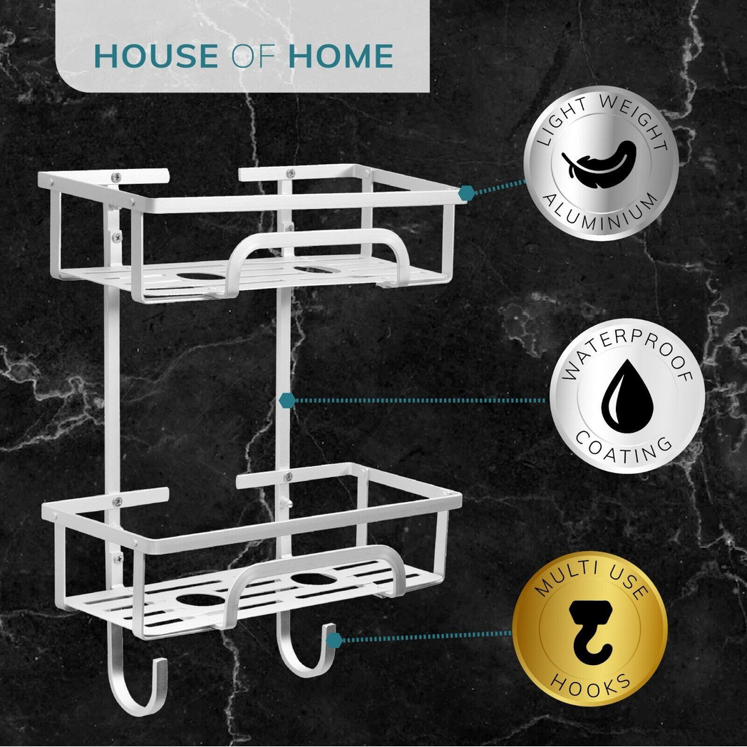 Self Adhesive 2-Tier Aluminium Shower Caddy with Hooks – No Drill Bathroom Storage Organizer