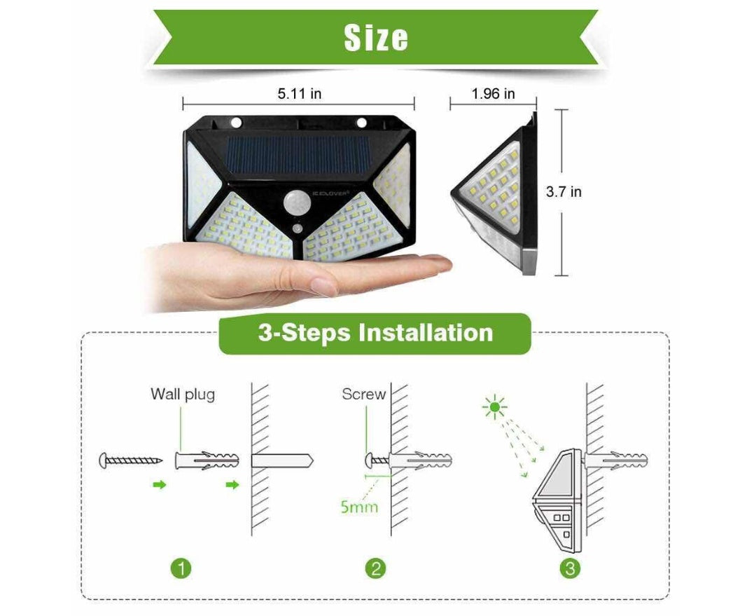 Solar Body Sensor Wall Lamp – 100LED PIR Motion Detection Outdoor Courtyard Light, IP65 Waterproof
