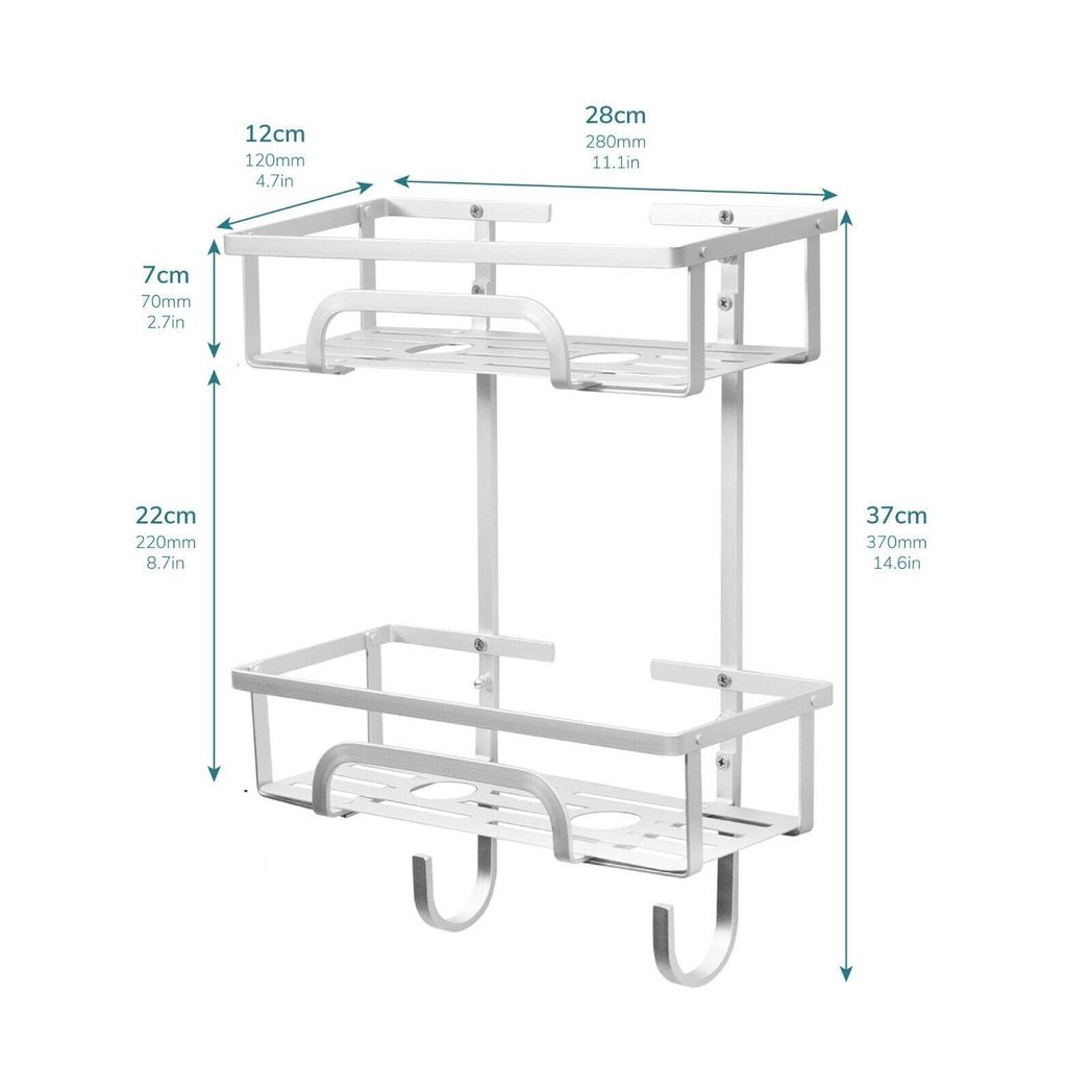 Self Adhesive 2-Tier Aluminium Shower Caddy with Hooks – No Drill Bathroom Storage Organizer