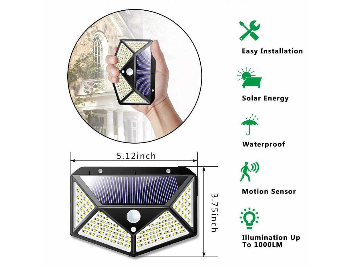 Solar Body Sensor Wall Lamp – 100LED PIR Motion Detection Outdoor Courtyard Light, IP65 Waterproof