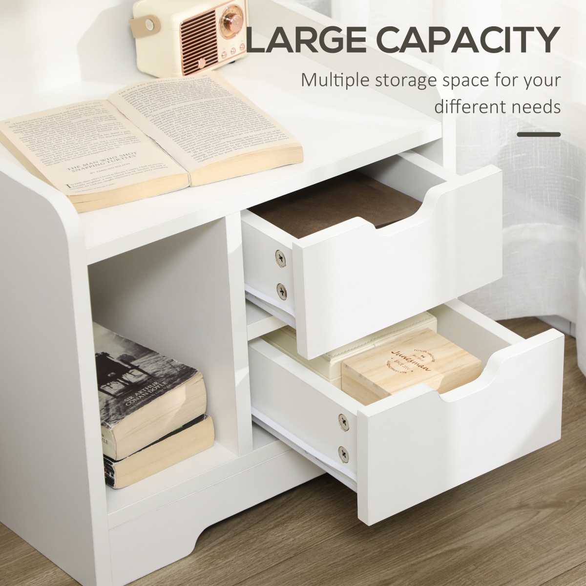 Sleek HOMCOM Modern Bedside Table with Unique Shelves & Dual Drawers for Storage