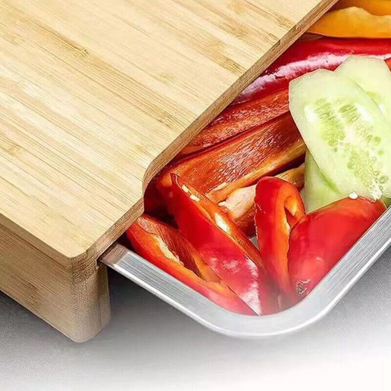 Bamboo Wooden Chopping Board with Sliding Stainless Steel Tray – Kitchen Prep & Slicing Station