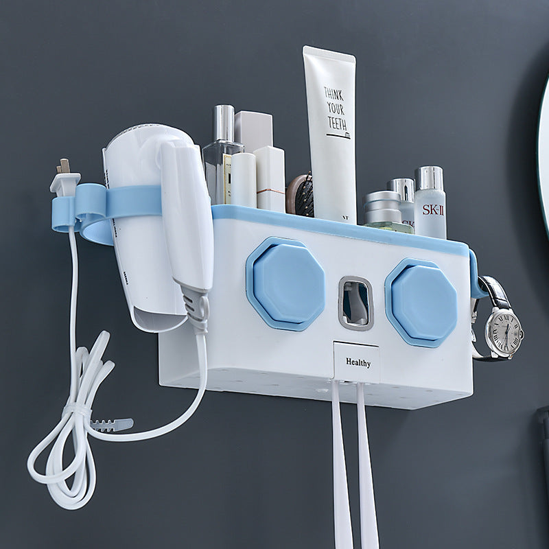 Wall-Mounted Toothbrush Holder with Toothpaste Dispenser – Punch-Free Bathroom Storage Rack (2/4 Cups, Blue / White / Grey)