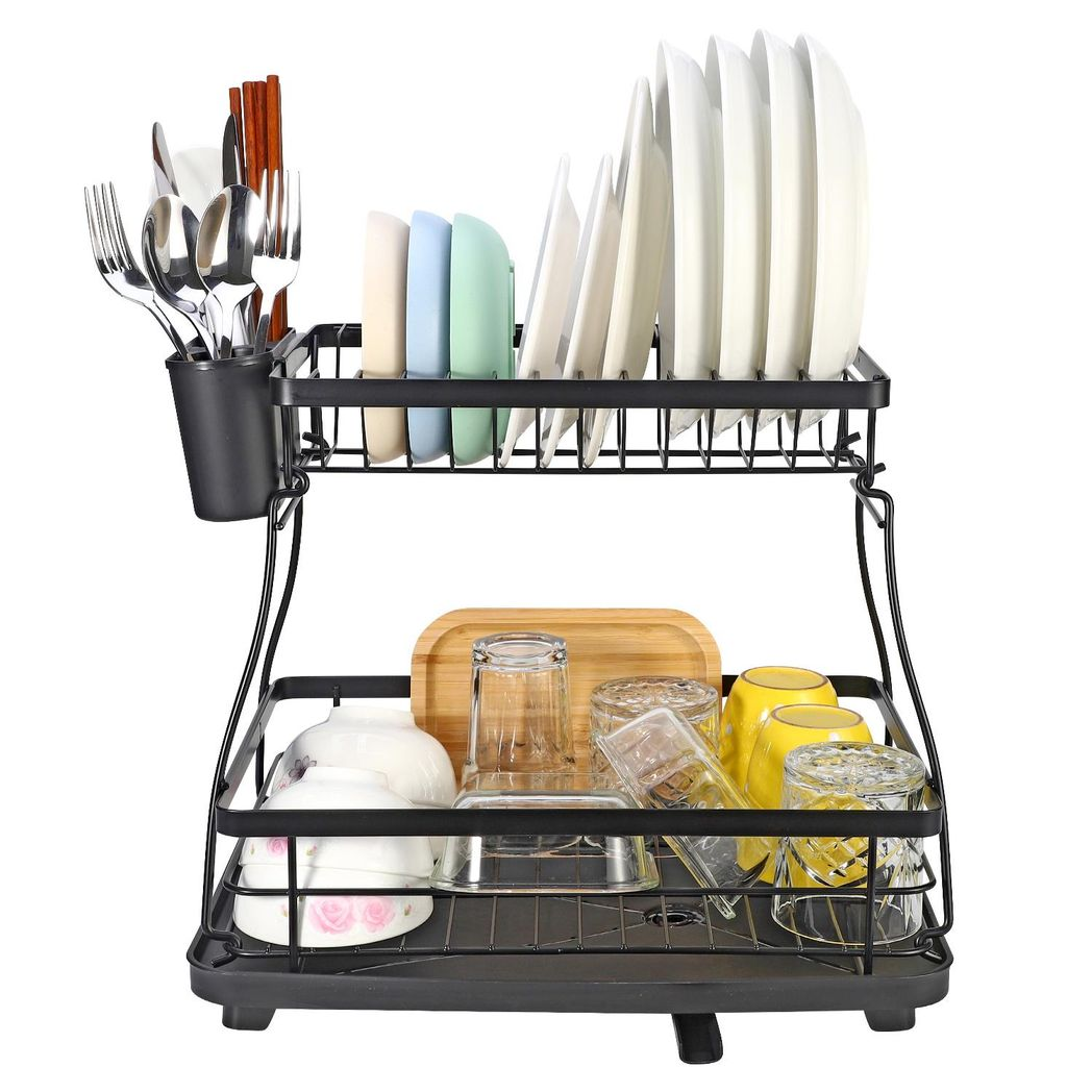 2-Tier Black Dish Drying Rack – Stainless Steel Kitchen Drainer with Auto Drain Tray & Utensil Holder