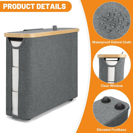 Toilet Paper Storage Basket with Lid – Bamboo & Waterproof Fabric Holder for Bathroom, RV & Small Spaces (Fits 9–12 Rolls)