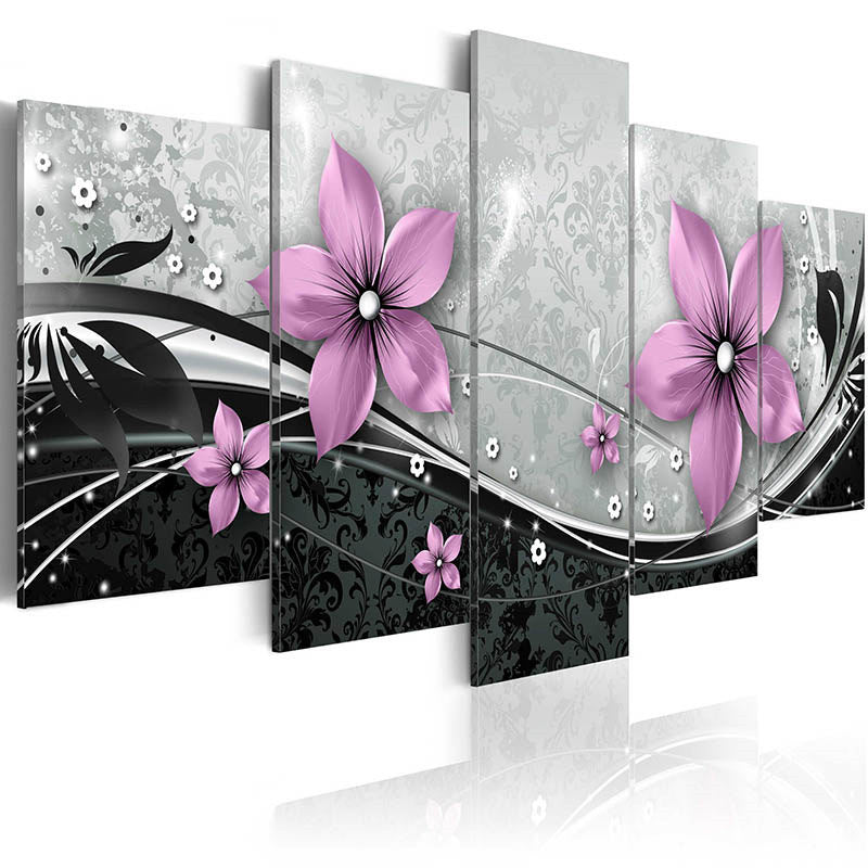 5-Piece Background Wall Decoration Painting – Floral Canvas Art Set for Living Room, Bedroom & Home Décor (Purple / Cyan / Pink)
