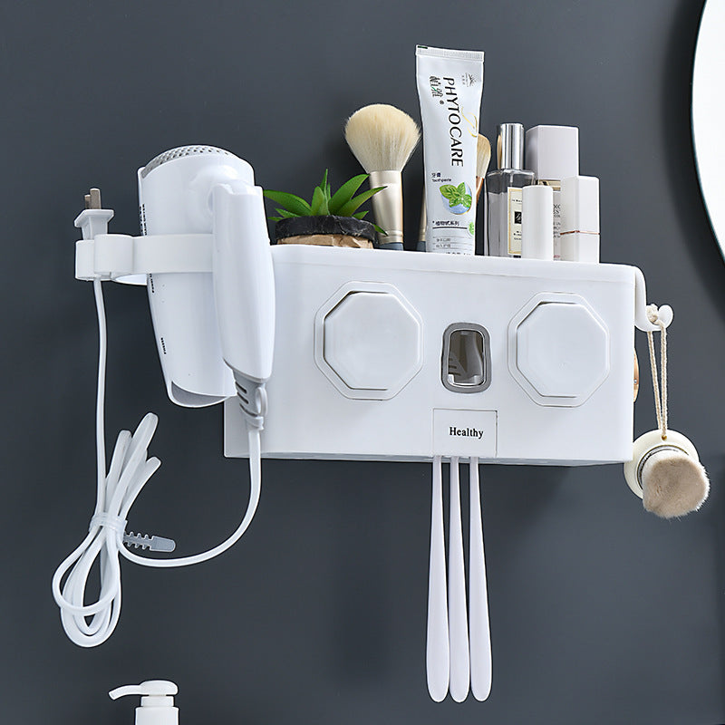 Wall-Mounted Toothbrush Holder with Toothpaste Dispenser – Punch-Free Bathroom Storage Rack (2/4 Cups, Blue / White / Grey)