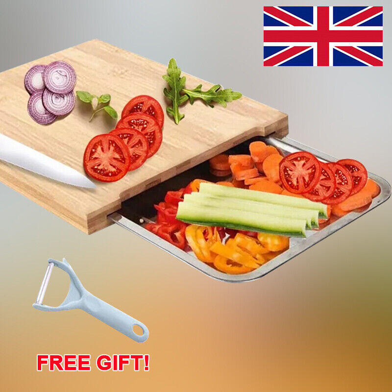 Bamboo Wooden Chopping Board with Sliding Stainless Steel Tray – Kitchen Prep & Slicing Station