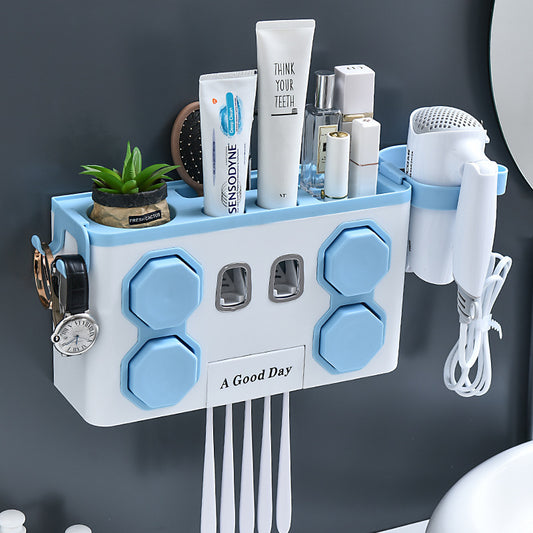Wall-Mounted Toothbrush Holder with Toothpaste Dispenser – Punch-Free Bathroom Storage Rack (2/4 Cups, Blue / White / Grey)