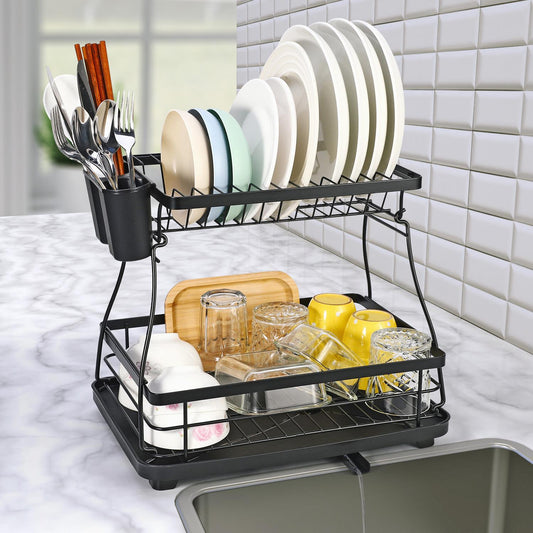 2-Tier Black Dish Drying Rack – Stainless Steel Kitchen Drainer with Auto Drain Tray & Utensil Holder