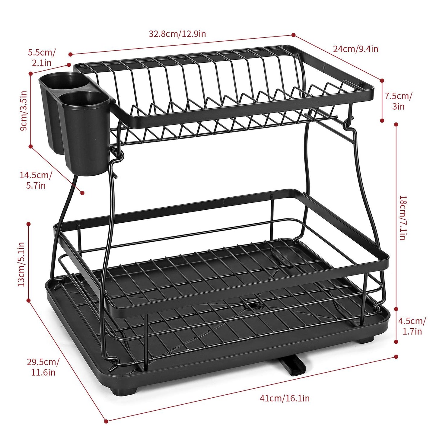 2-Tier Black Dish Drying Rack – Stainless Steel Kitchen Drainer with Auto Drain Tray & Utensil Holder