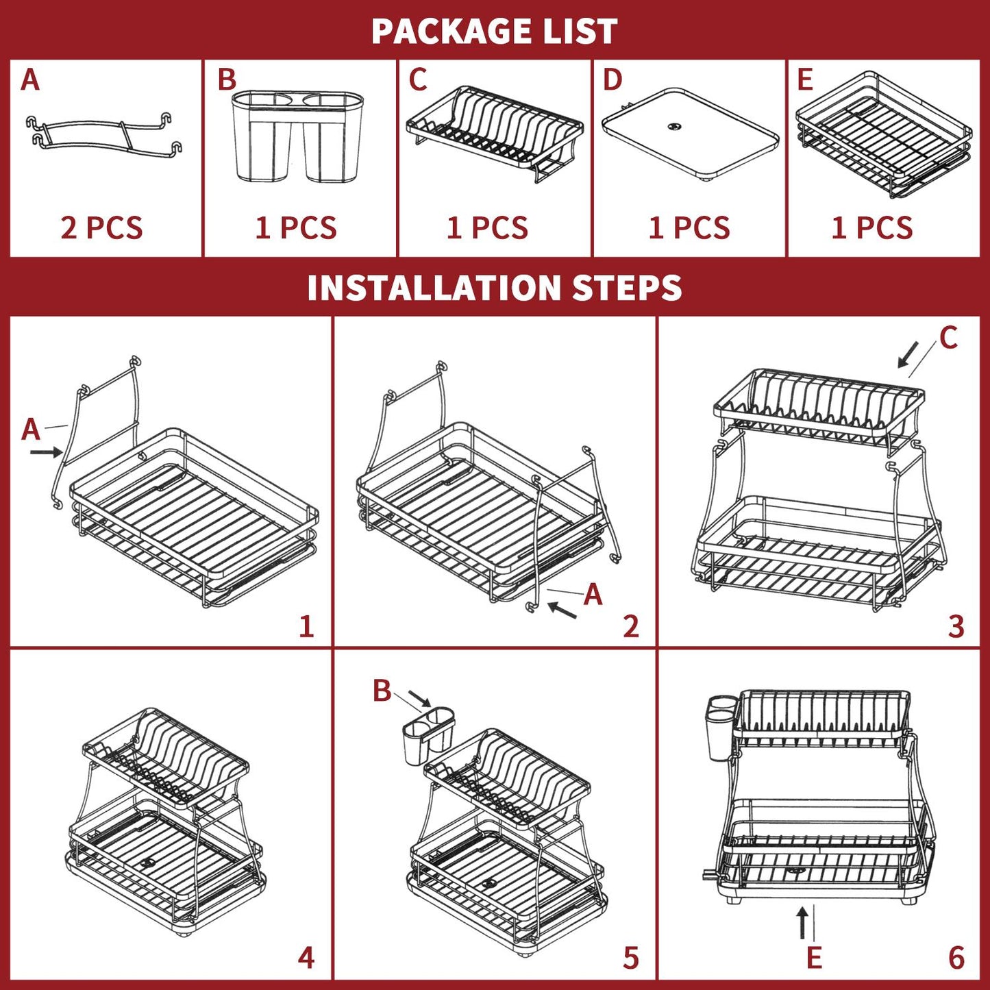 2-Tier Black Dish Drying Rack – Stainless Steel Kitchen Drainer with Auto Drain Tray & Utensil Holder