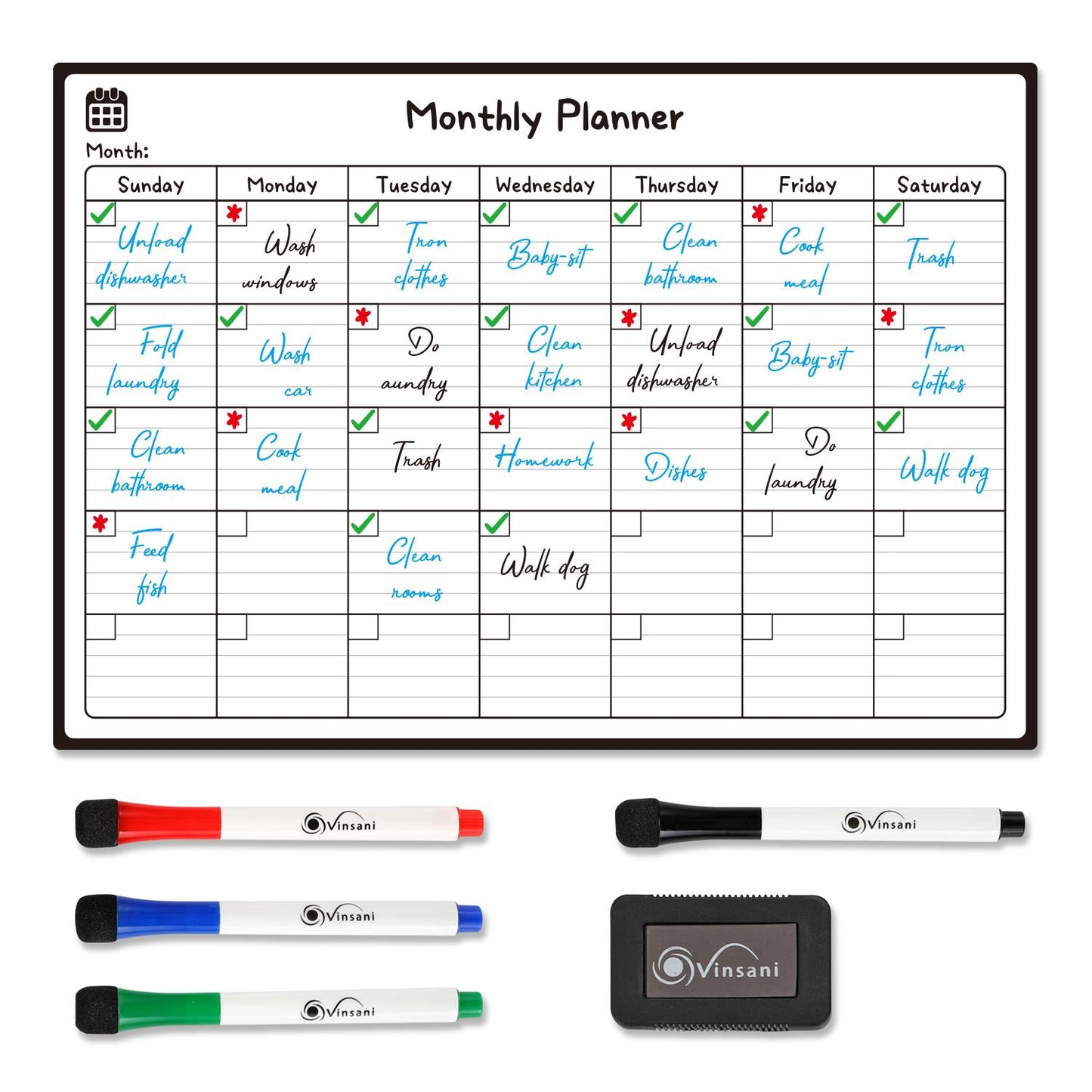 Vinsani Monthly Planner Whiteboard with 4 Markers & Eraser – Magnetic Monthly Organiser 42.8×29.7cm