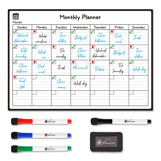 Vinsani Monthly Planner Whiteboard with 4 Markers & Eraser – Magnetic Monthly Organiser 42.8×29.7cm