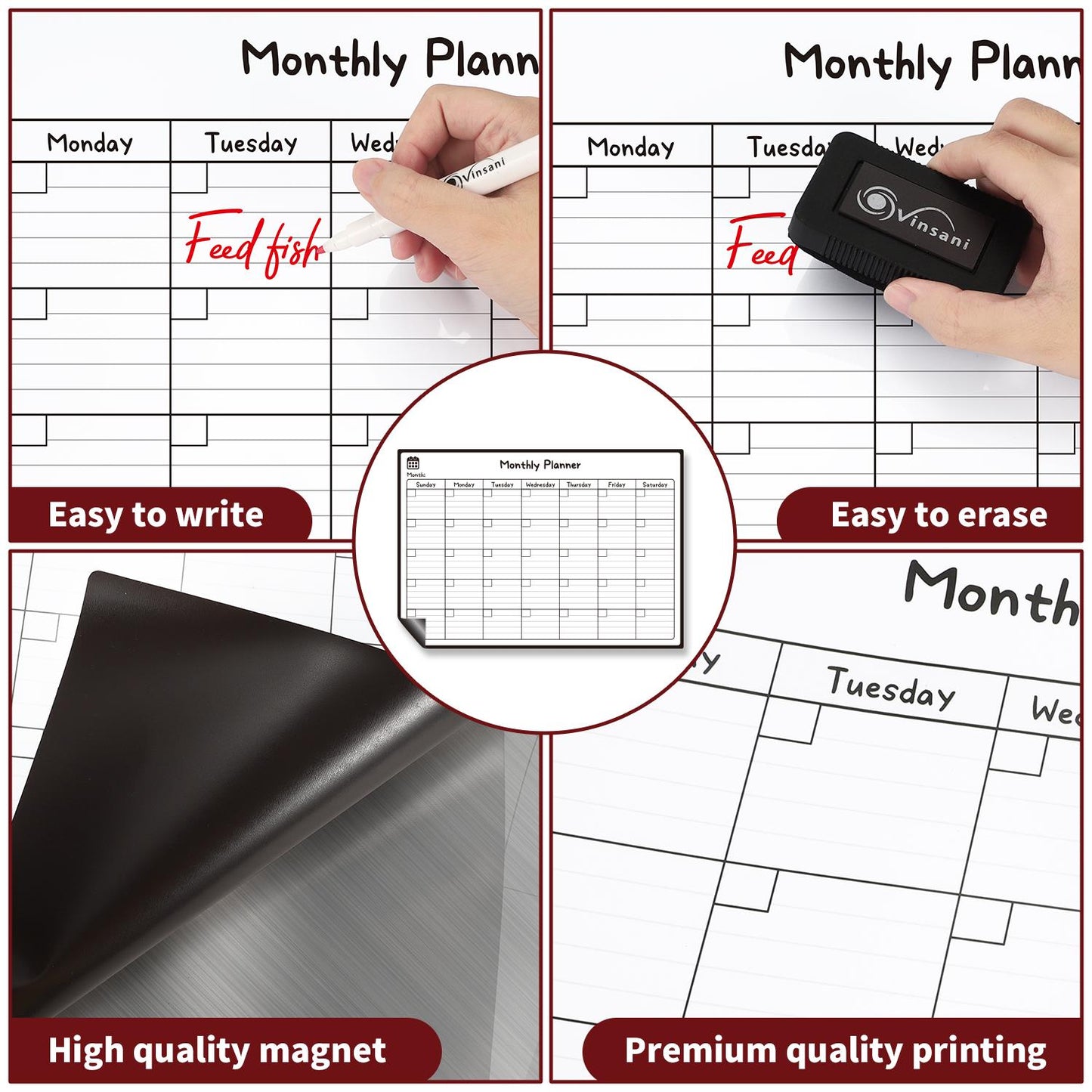 Vinsani Monthly Planner Whiteboard with 4 Markers & Eraser – Magnetic Monthly Organiser 42.8×29.7cm