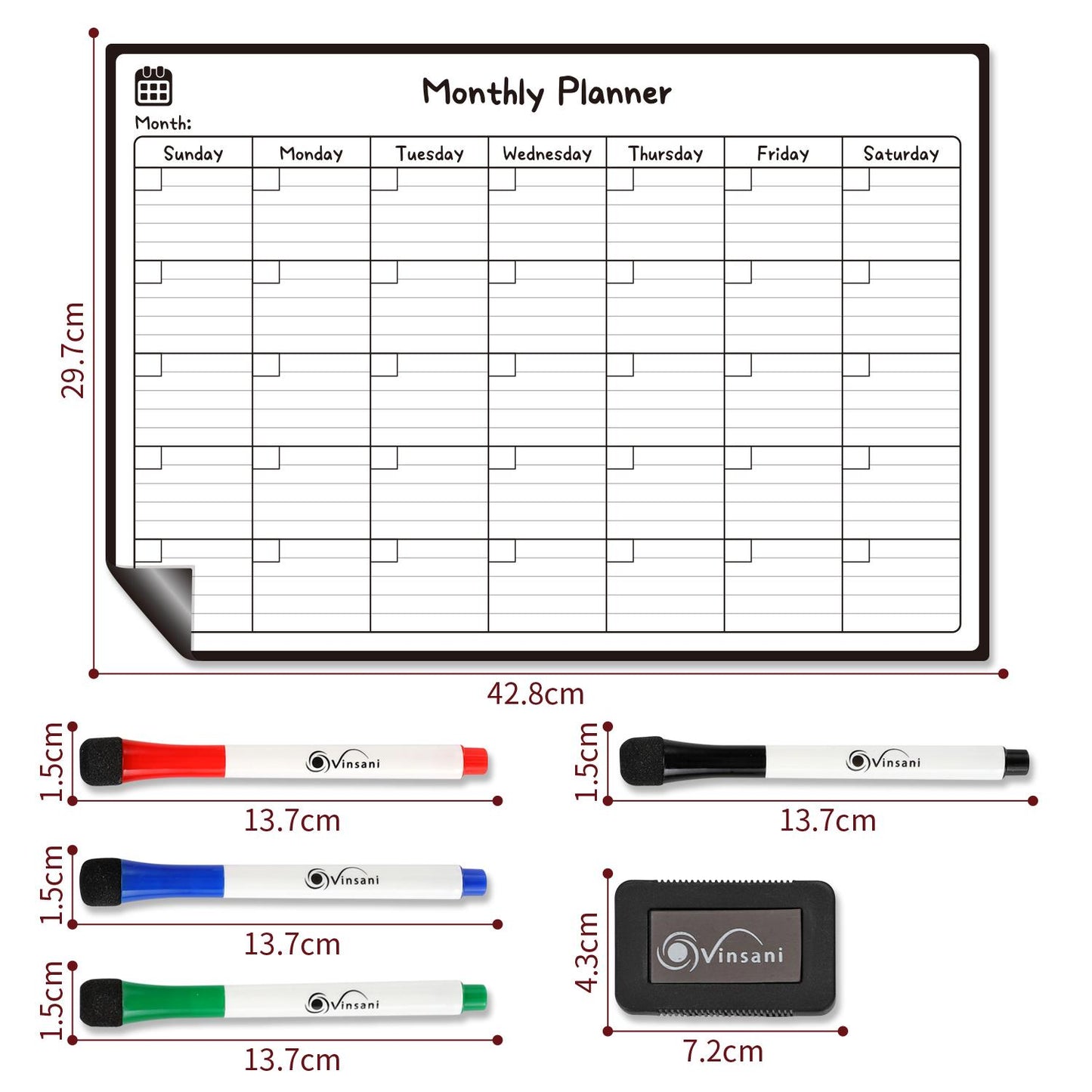 Vinsani Monthly Planner Whiteboard with 4 Markers & Eraser – Magnetic Monthly Organiser 42.8×29.7cm