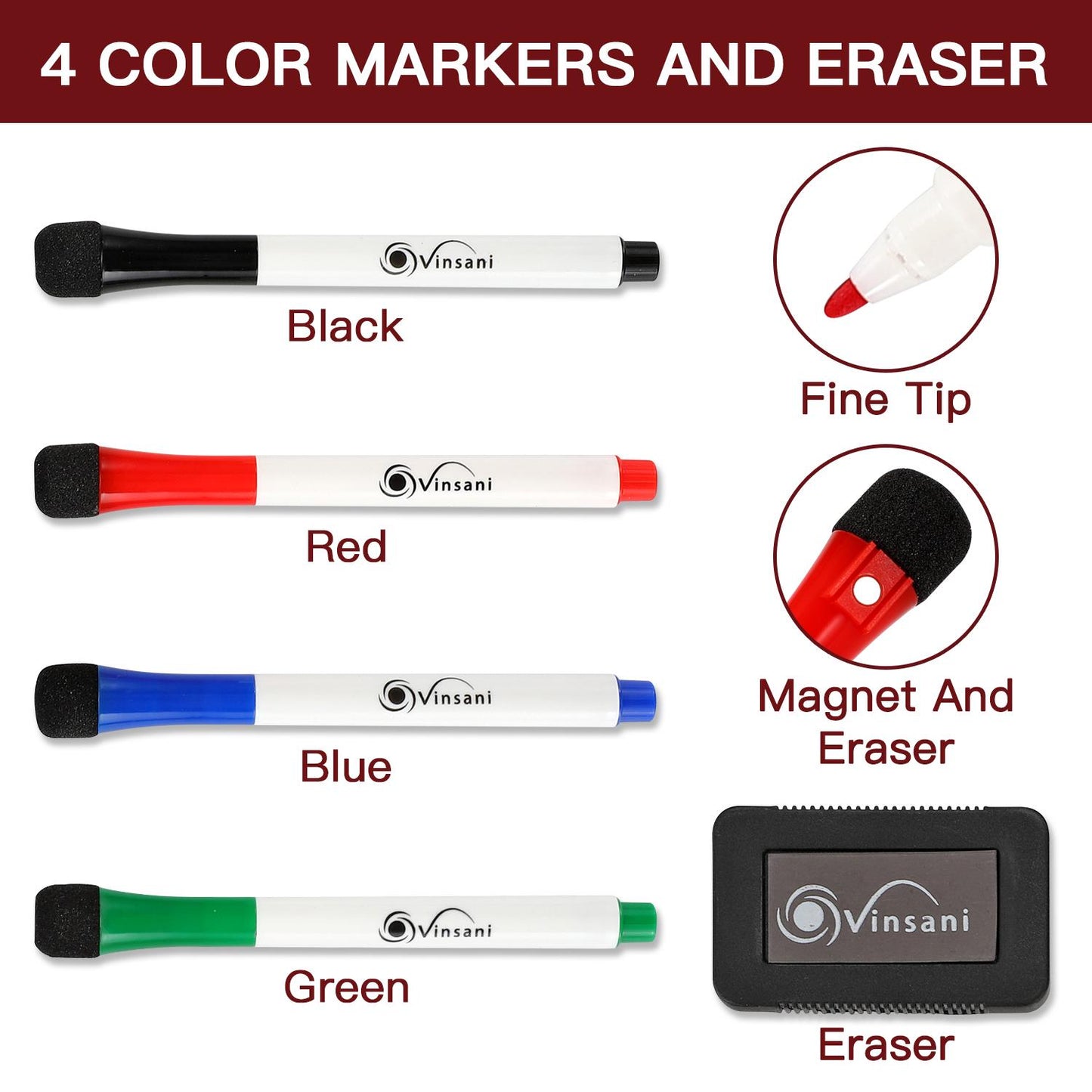 Vinsani Monthly Planner Whiteboard with 4 Markers & Eraser – Magnetic Monthly Organiser 42.8×29.7cm