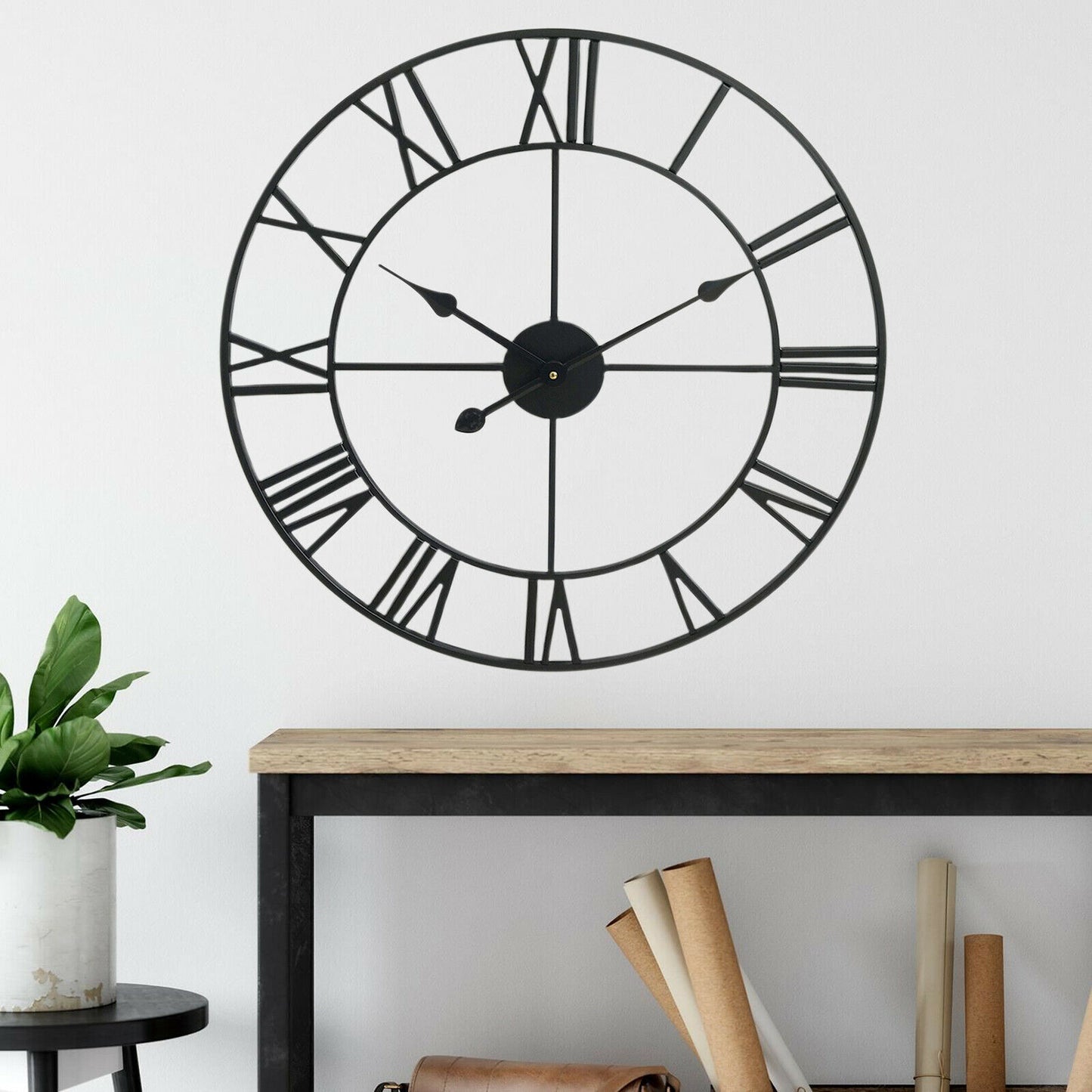 40CM Roman Metal Wall Clock – Vintage Skeleton Design, Black