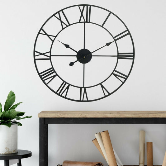 40CM Roman Metal Wall Clock – Vintage Skeleton Design, Black
