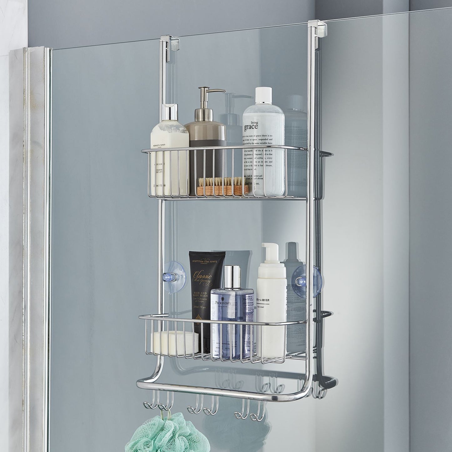 Over Door 2-Tier Shower Caddy with Hooks – Rust-Proof Nano Coating Bathroom Organizer