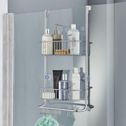 Over Door 2-Tier Shower Caddy with Hooks – Rust-Proof Nano Coating Bathroom Organizer
