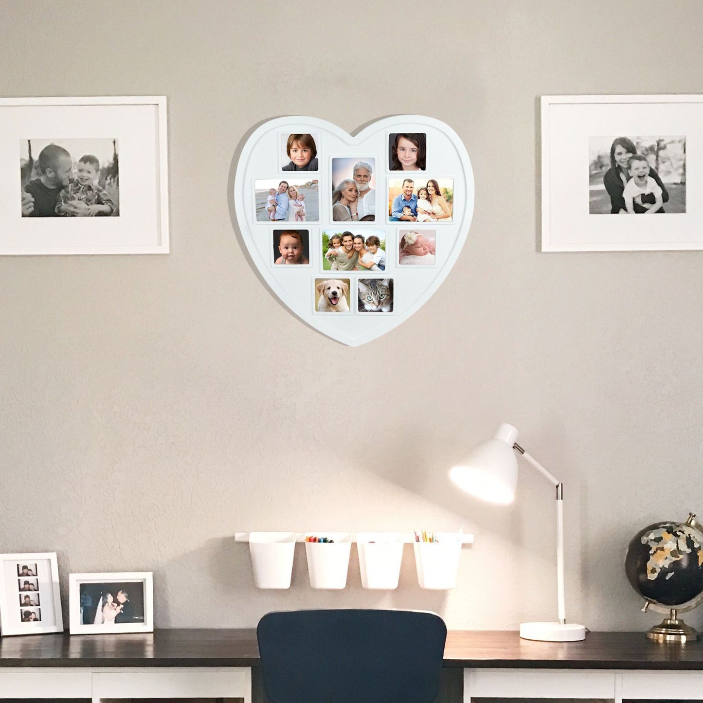White Hanging Heart Photo Frame – 10 Multi-Photo Collage Family Picture Frame (HPF-12)