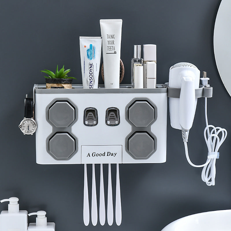 Wall-Mounted Toothbrush Holder with Toothpaste Dispenser – Punch-Free Bathroom Storage Rack (2/4 Cups, Blue / White / Grey)