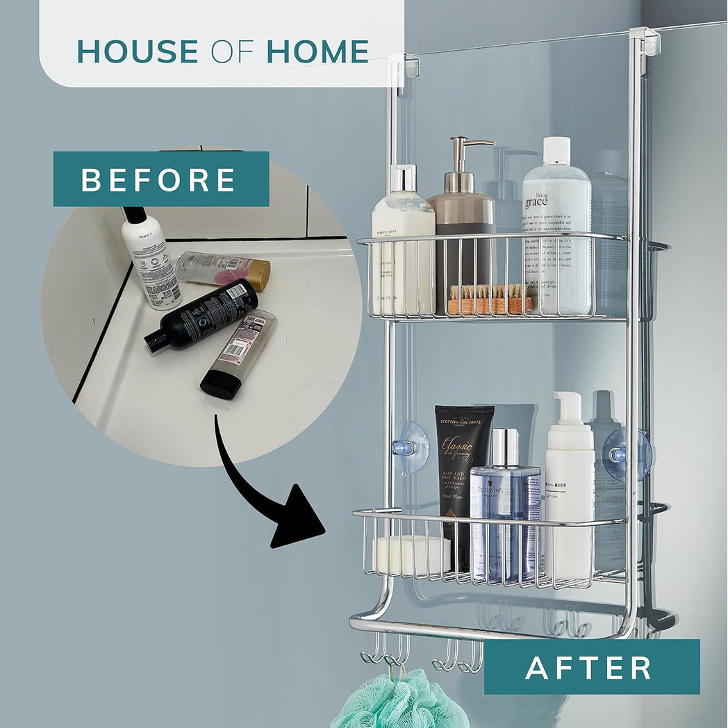 Over Door 2-Tier Shower Caddy with Hooks – Rust-Proof Nano Coating Bathroom Organizer
