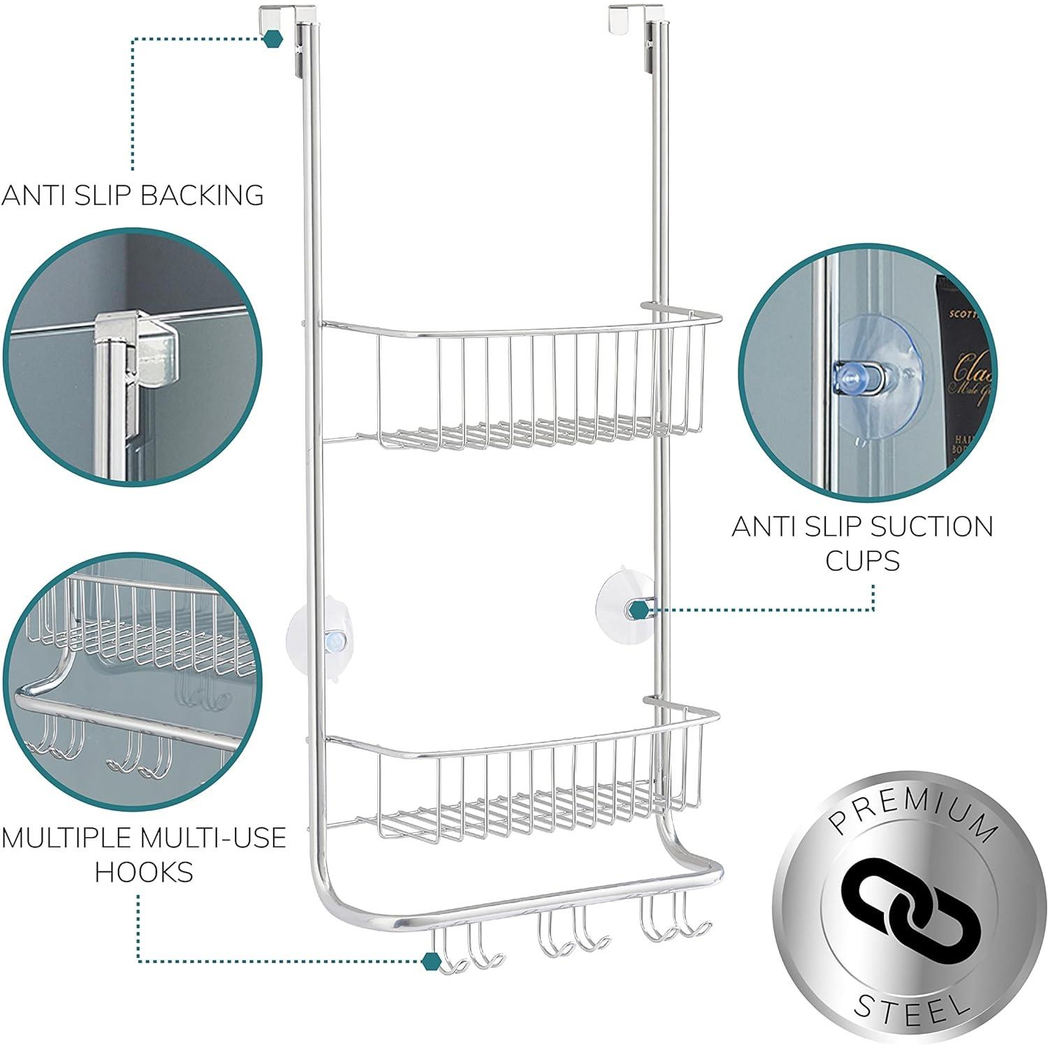 Over Door 2-Tier Shower Caddy with Hooks – Rust-Proof Nano Coating Bathroom Organizer