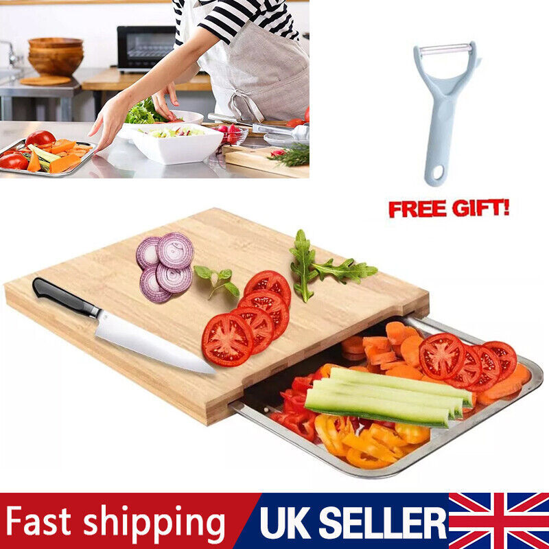 Bamboo Wooden Chopping Board with Sliding Stainless Steel Tray – Kitchen Prep & Slicing Station
